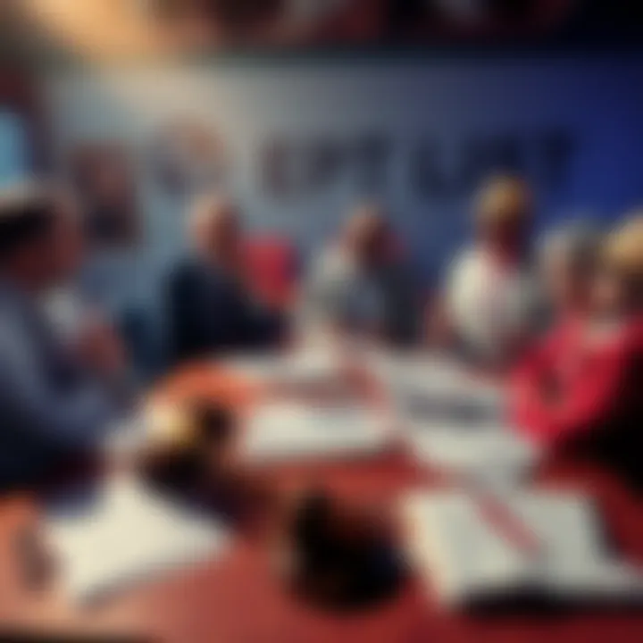 A group of concerned citizens discussing the implications of the Epstein List, with newspapers and legal documents spread out on a table.