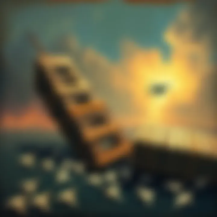 A painting depicting two toppled Jenga towers with paper airplanes scattered around, hinting at deeper meanings.