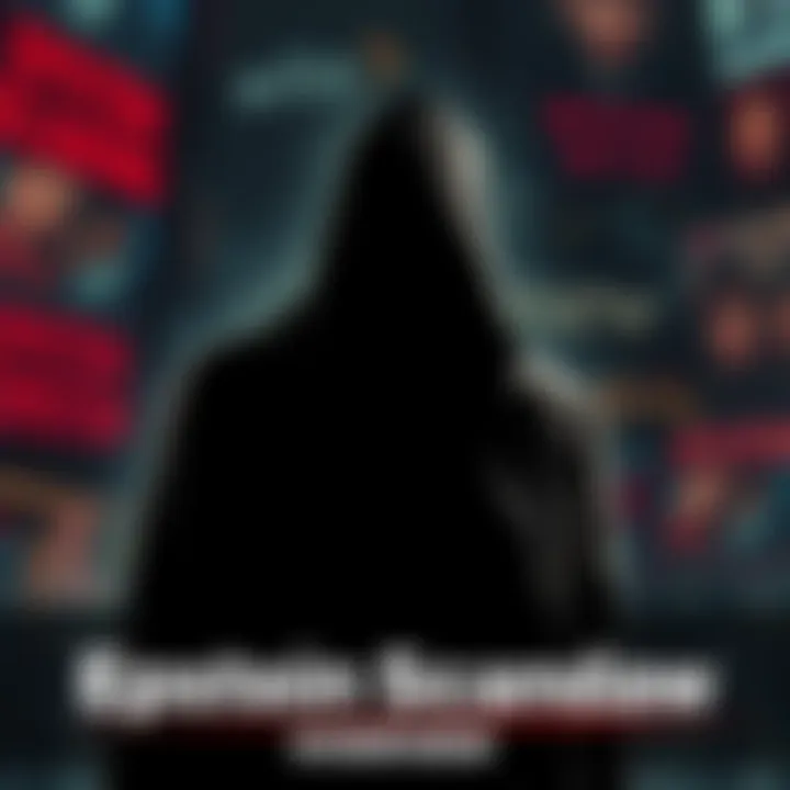 An image showing a shadowy figure representing Jeffrey Epstein with headlines about child trafficking and powerful connections in the background.