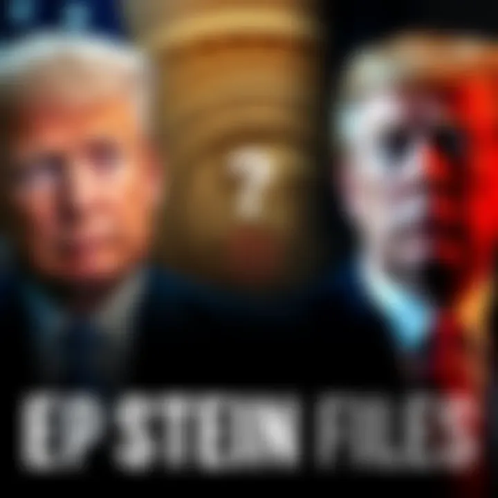 A graphic showing the Justice Department logo alongside images of Epstein and Trump, with a question mark indicating controversy.