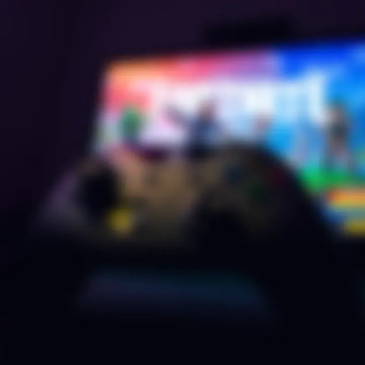 A close-up of an Xbox controller with popular games like Fortnite and Minecraft on a screen in the background.
