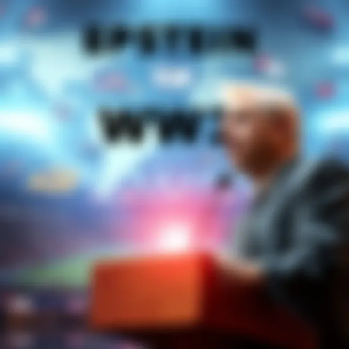Jeffrey Epstein giving a speech about World War 3 on Super Bowl Sunday, with a backdrop of a stadium and a world map.