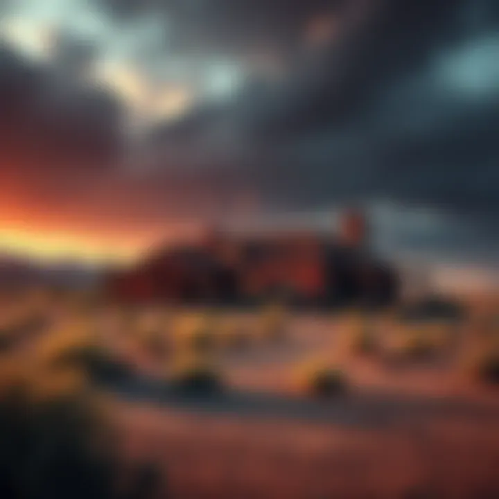 View of Zorro Ranch with a mysterious aura, surrounded by desert landscape and an ominous sky.