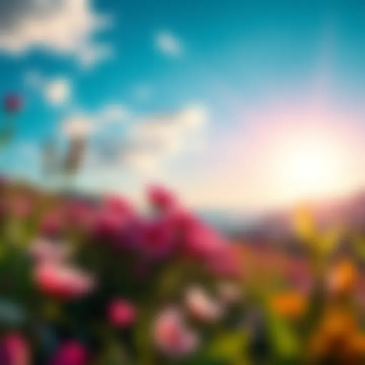 Equinox Scene A vibrant landscape showing the change of seasons during the equinox, with blooming flowers and a bright sky.