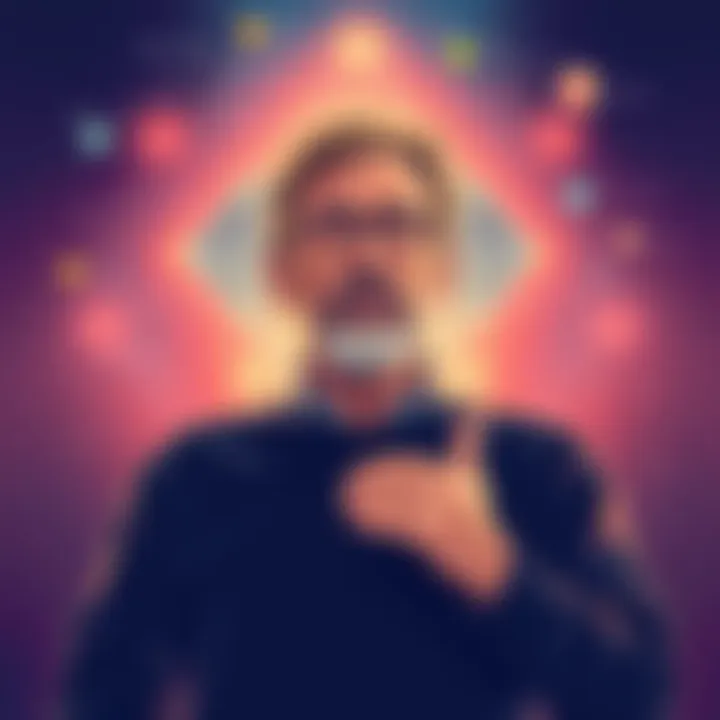 Illustration of Eric Weinstein discussing geometric unity with a backdrop of geometric shapes and equations.