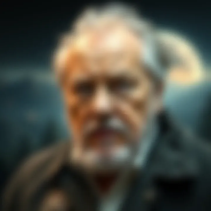A close-up portrait of Erich von Däniken, known for his theories on ancient astronauts, set against a blurred background that hints at mysterious landscapes.