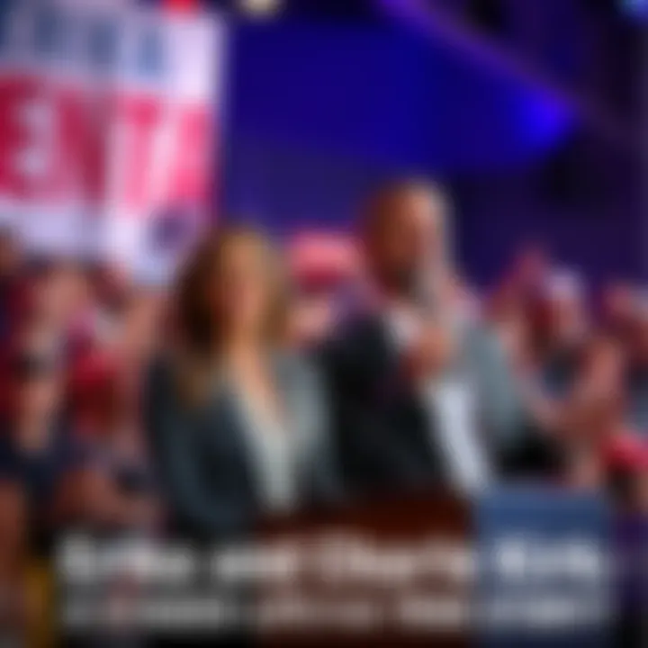 Erika and Charlie Kirk giving a speech at a public event, surrounded by a crowd, with banners in the background.