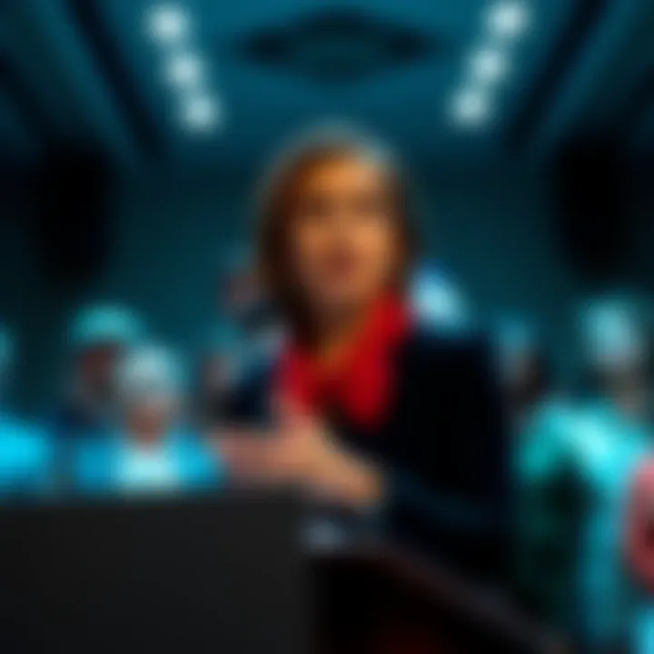 Erika Kirk at a podium speaking to an audience with expressions of confusion and curiosity on their faces