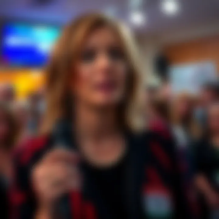 Erika Kirk at a charity event Erika Kirk speaking at a charity event, highlighting her connections to defense networks, with a crowd of attendees in the background.