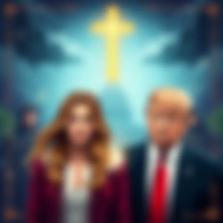 Illustration showing Erika Kirk and Donald Trump with Gematria symbols and Jesuit university imagery in the background