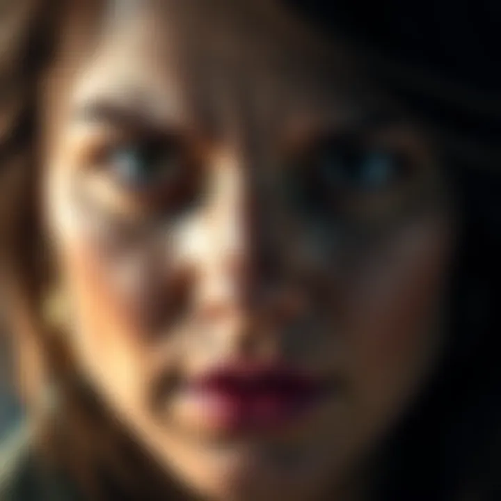 Close-up of a woman with a serious expression, showing a hint of darkness in her eyes, representing Erika Kirk's controversial actions.