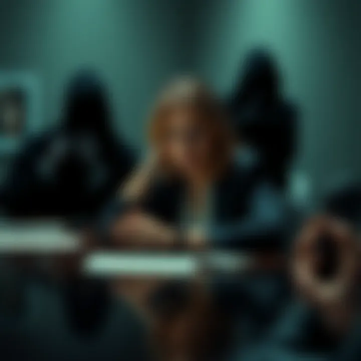 Erika Kirk sits at a table looking concerned while discussing the Epstein files controversy with two shadowy figures, hinting at secrecy and intrigue.