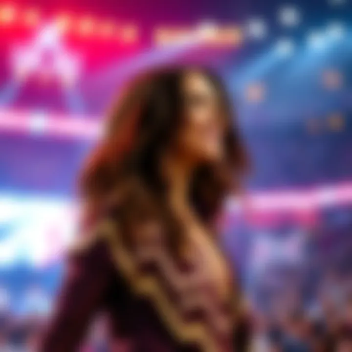 Erika Kirk on stage during her Super Bowl halftime show, with colorful lights and excited fans in the background