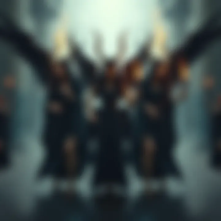 A representation of the Erinyes, three fierce goddesses of vengeance, with dark flowing robes and torches, standing together in an ancient setting