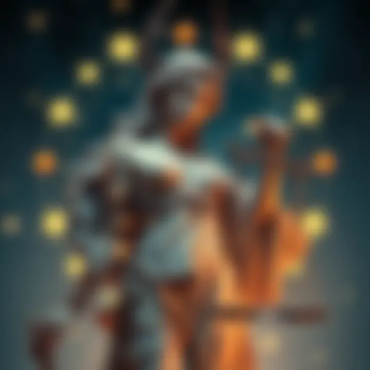 An artistic representation of Eris, the goddess holding scales, surrounded by stars, symbolizing her influence in astrology and history.