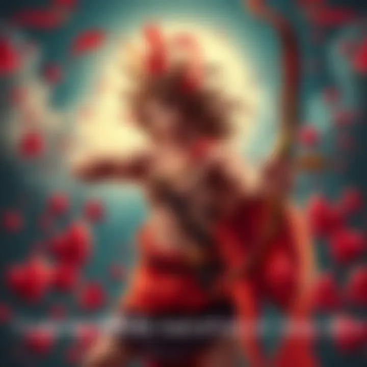 Eros, the Greek god of love, holding a bow and arrow, surrounded by symbols of love and affection