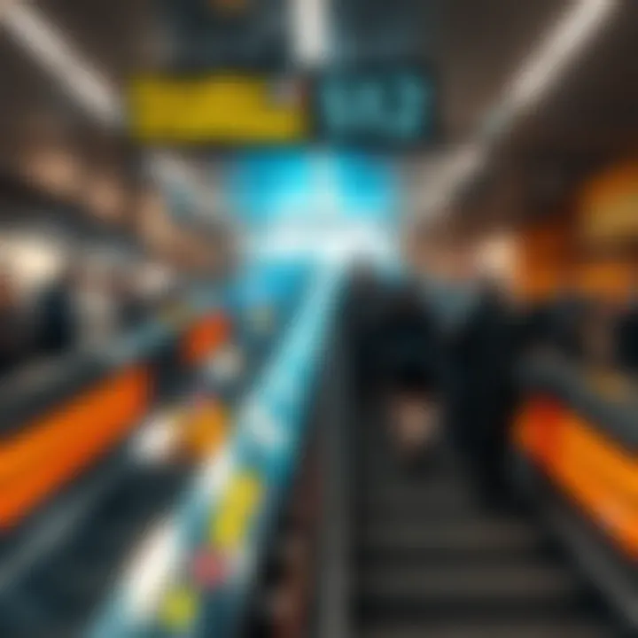 A close-up of a stopped escalator in a public space with a concerned crowd nearby, raising suspicions about safety.