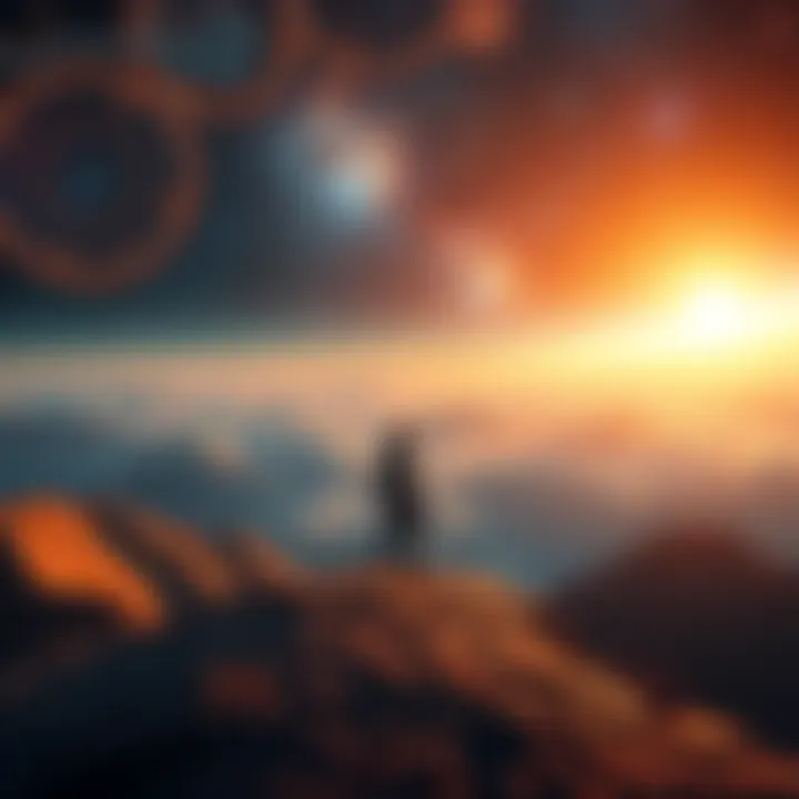 Escape from Simulated Reality A person standing at the edge of a digital landscape, gazing at a bright cosmic horizon while contemplating consciousness and reality, with circuit patterns in the background.