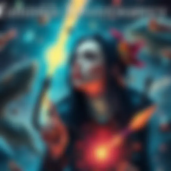 An artistic depiction of Esmerelda Sweetwater, showcasing elements of sci-fi, fantasy, and comedy, intertwined with metaphysical symbols and cosmic motifs.