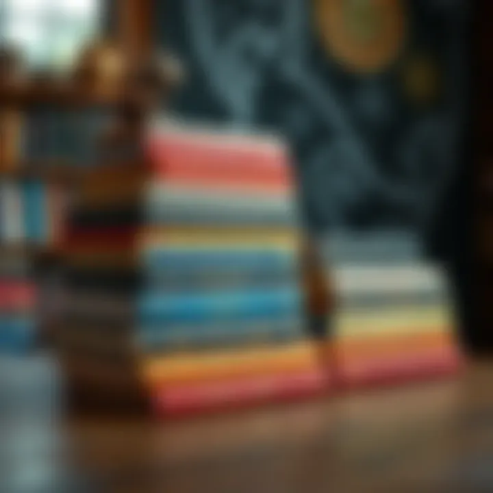 A collection of esoteric books stacked on a wooden table, showcasing titles and colorful covers.