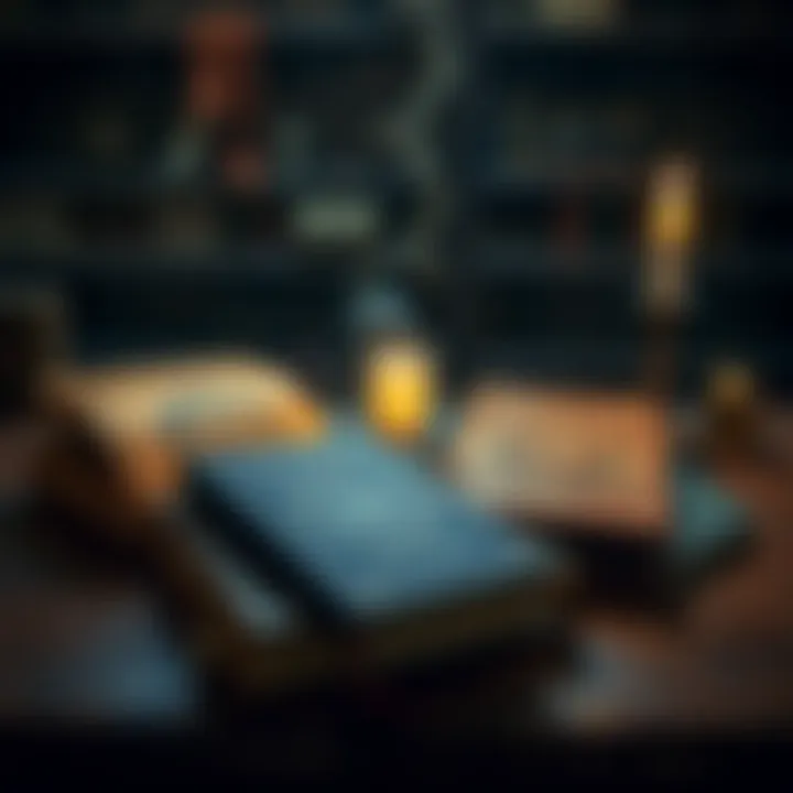 A collection of foundational esoteric books including The Kybalion and The Lesser Key of Solomon arranged on a wooden table, with a candle illuminating the scene.