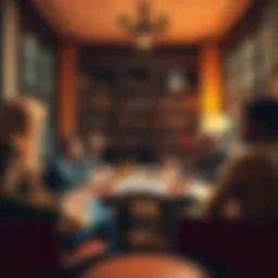 A group of people in a discussion about ESP and remote viewing, surrounded by books and notes in a cozy setting