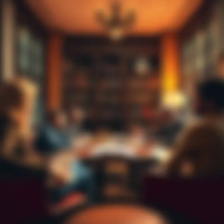 A group of people in a discussion about ESP and remote viewing, surrounded by books and notes in a cozy setting