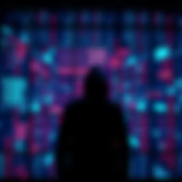A shadowy figure stands in front of a digital screen displaying surveillance data, symbolizing the clash between national security and personal privacy.