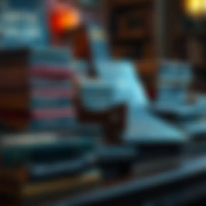 A display of various esoteric and occult books stacked on a table, showcasing their covers and titles.