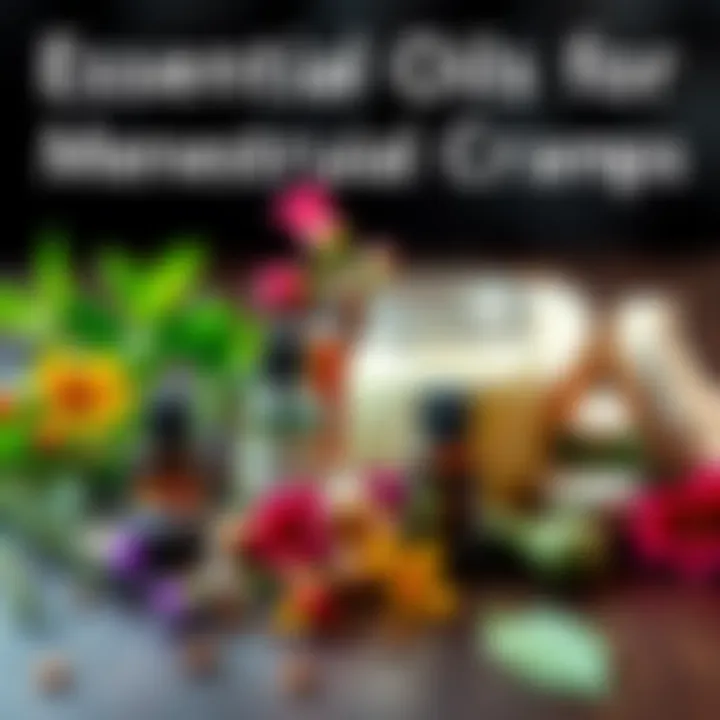 A selection of essential oils in small bottles with a coconut oil jar, surrounded by herbs and flowers