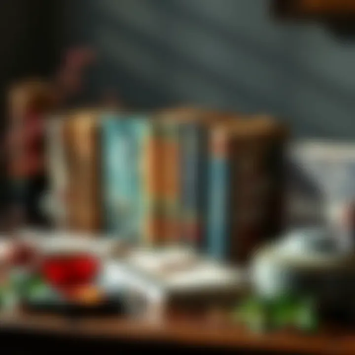 A collection of Traditional Chinese Medicine books displayed with herbal tea and plants nearby