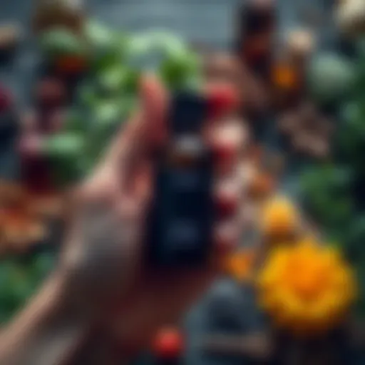 A person holding a small dark bottle of essential oil with various herbs and plants in the background.