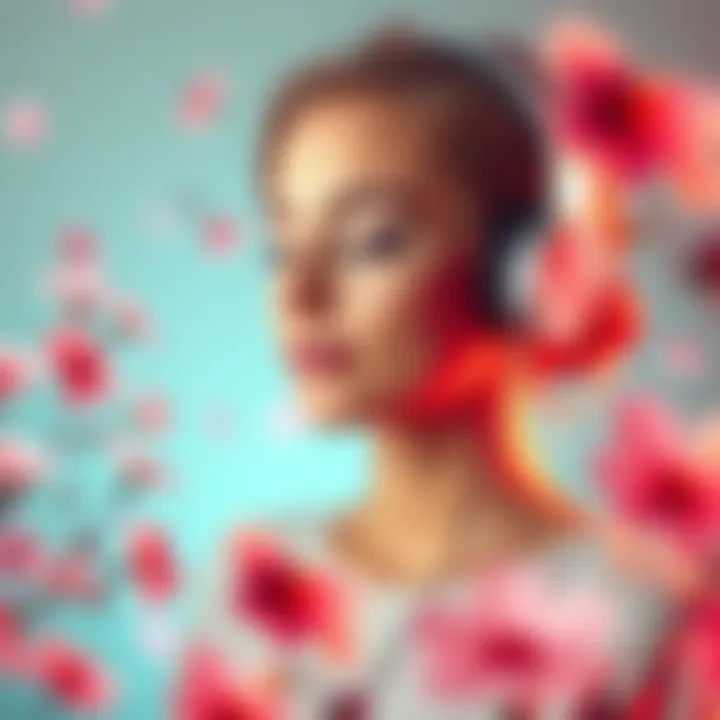 A person listening to audio with headphones, surrounded by calming visuals of flowers and soft colors, symbolizing the idea of using subliminal messaging for hormone balance.