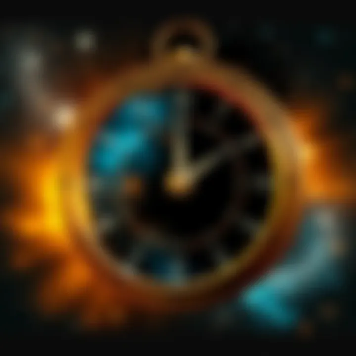 A clock with an infinite loop symbolizing the concept of eternity, surrounded by stars and galaxies.