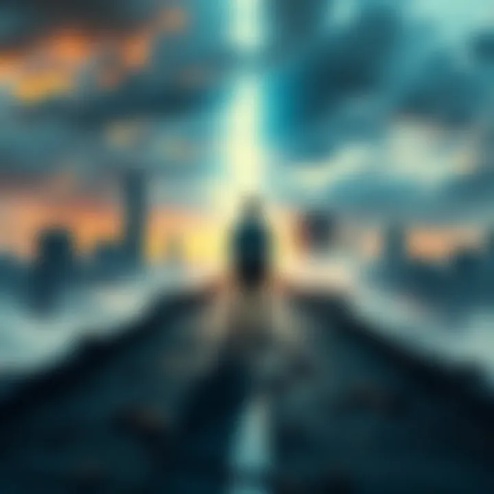 A person standing at a crossroads contemplating the choice between life and immortality, with a backdrop of a decaying city and a bright future ahead.