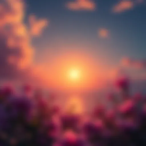 A tranquil scene showing a glowing light symbolizing eternal souls surrounded by fleeting moments of nature, like blooming flowers and drifting clouds.