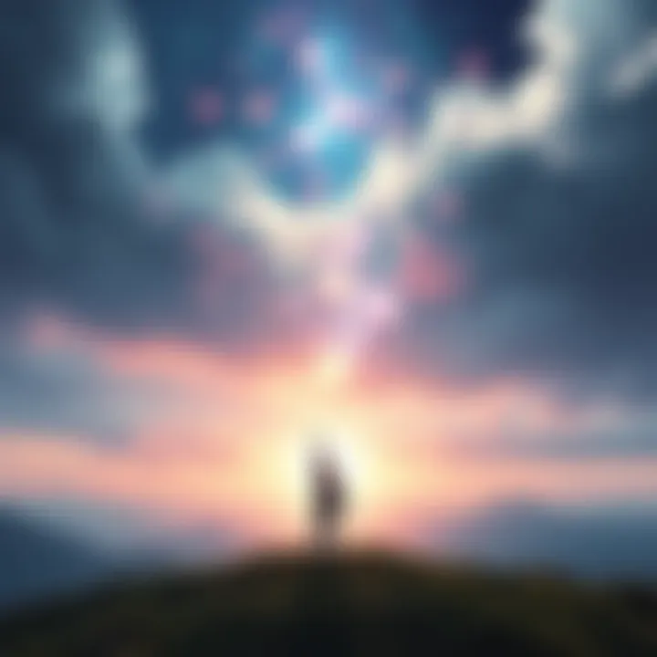 A serene landscape depicting a figure releasing glowing orbs into the cosmos, symbolizing emotional detachment and clarity.