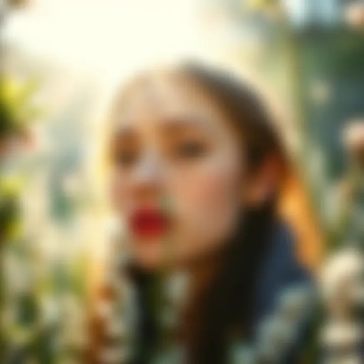 A serene scene showcasing gentle light illuminating a soft, beautiful face surrounded by nature.