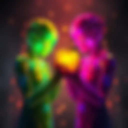 Two colorful, glowing humanoid figures presenting a golden apple in a dreamlike setting.