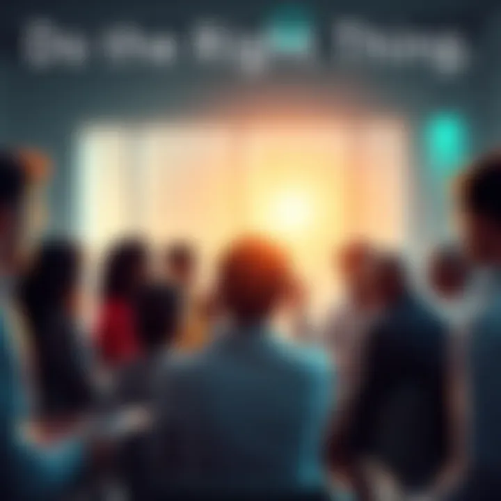 A diverse group of people engaged in a discussion about making ethical decisions in a community setting.