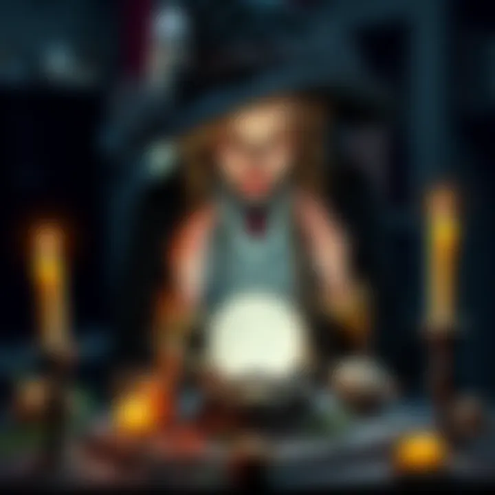 A witch with a crystal ball and candles, surrounded by mystical symbols and herbs, casting a love spell