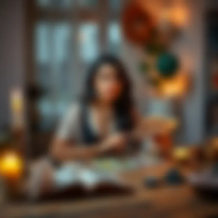 A woman sits at a table with tarot cards and crystals, looking surprised while holding a love reading from an Etsy witch. The background shows a cozy room with candles lit.