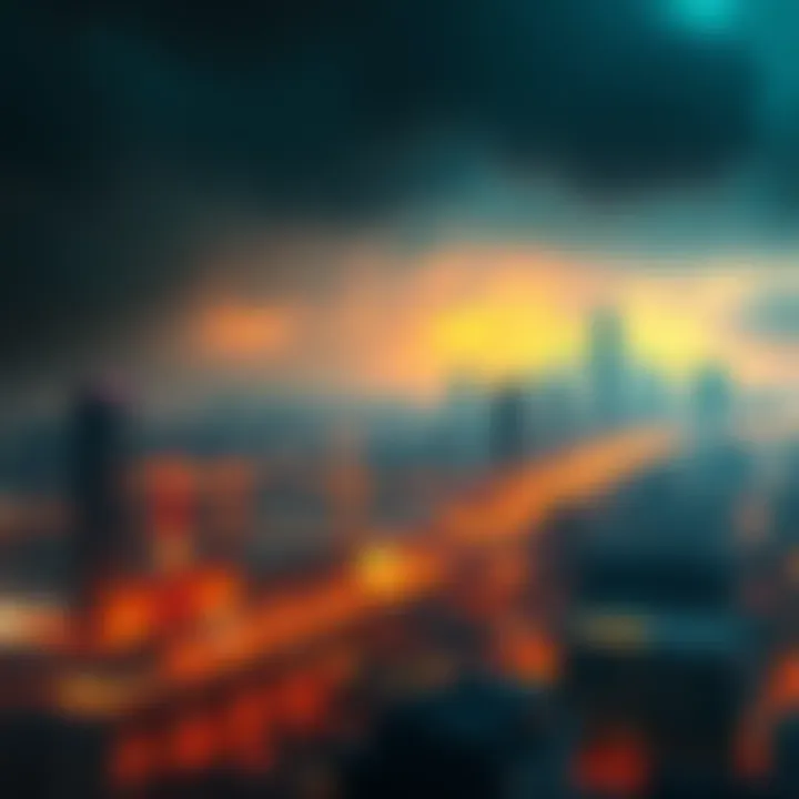 A darkened city skyline representing the recent EU blackout, with faint waves symbolizing induced atmospheric vibration.