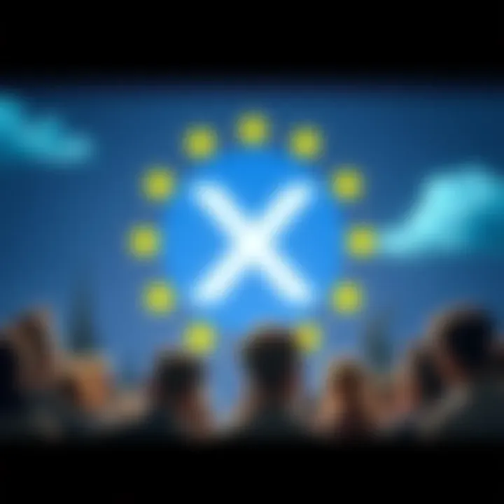 A graphic showing a diverse group of people discussing concerns about free speech and regulations in front of a digital platform logo, symbolizing the EU's new measures against content on X.