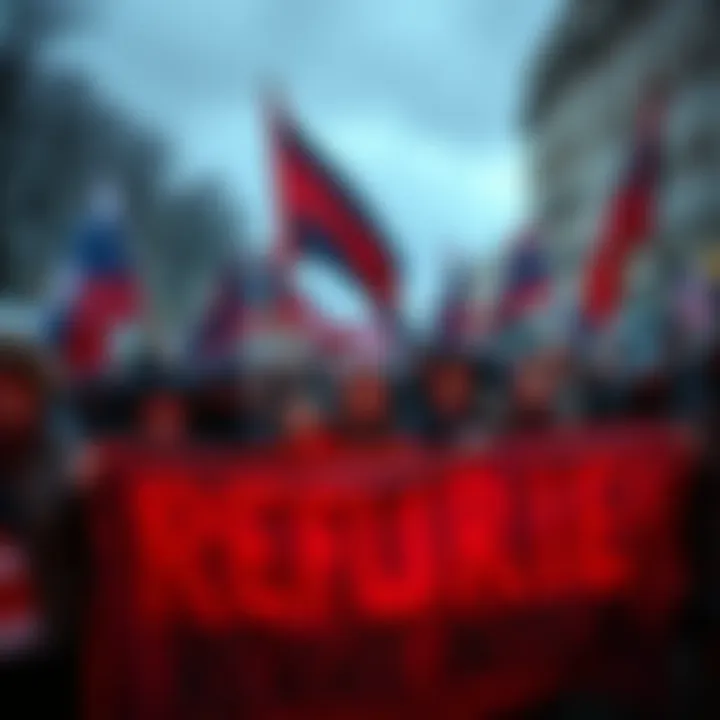 A group of people holding banners and flags at a protest about refugee intake policies in Europe, with concerns about national security in the background.