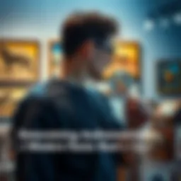 A person examining a modern artifact with a magnifying glass, checking for signs of authenticity, with various art pieces displayed around them.