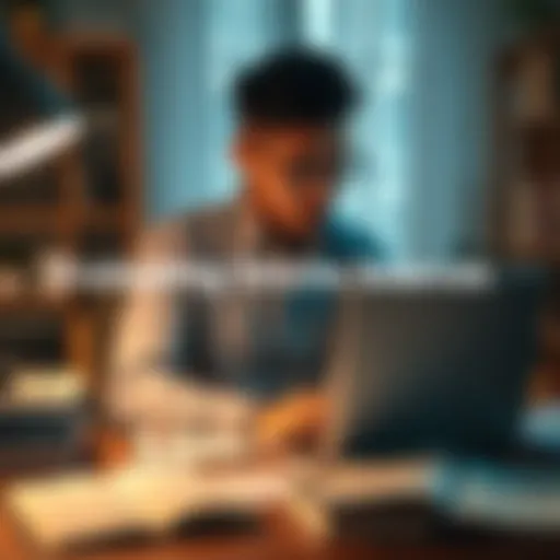 A person sitting at a desk, using a laptop to research information with books and notes around them, looking focused on determining the reliability of online sources.
