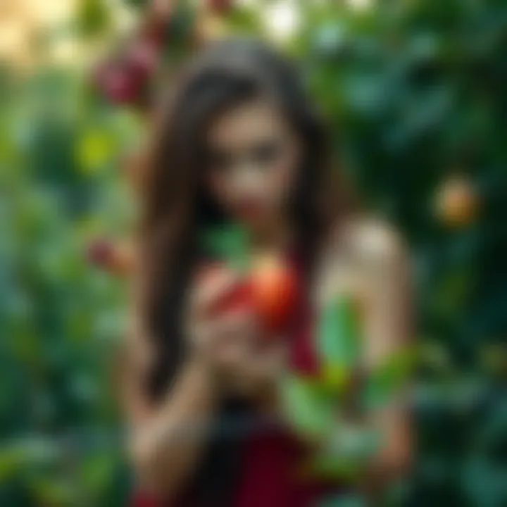 Eve in a garden holding a fruit resembling an apple, surrounded by lush greenery