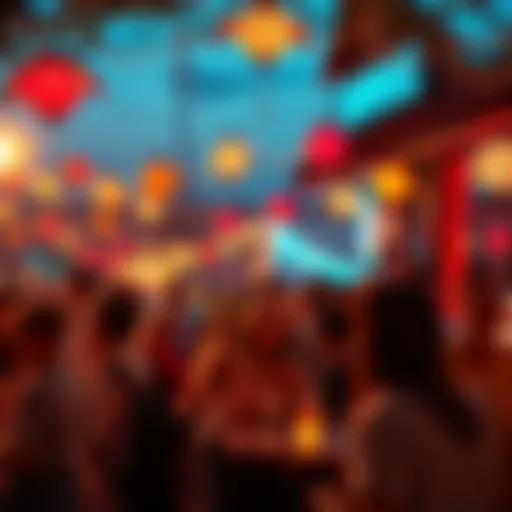 A group of people engaging in fun activities during an evening event, with decorations and lights around them.