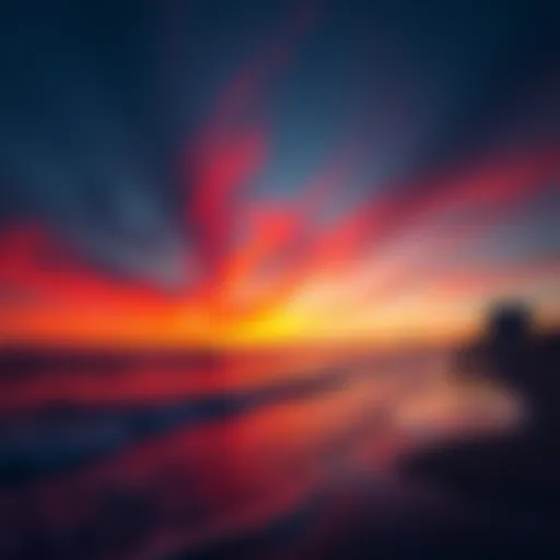 A peaceful scene of Atlantic Beach at dusk with waves gently lapping at the shore and a colorful sunset in the sky.